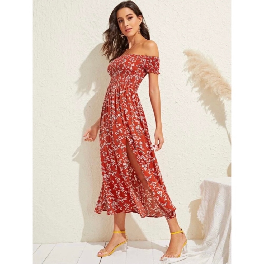 SHEIN Rust Floral Off-Shoulder Maxi with Side Slit